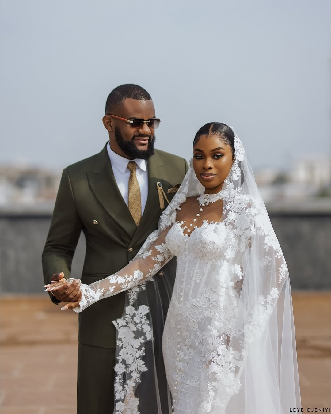 Mock Neck Lace Mermaid Wedding Dress with Long Sleeves