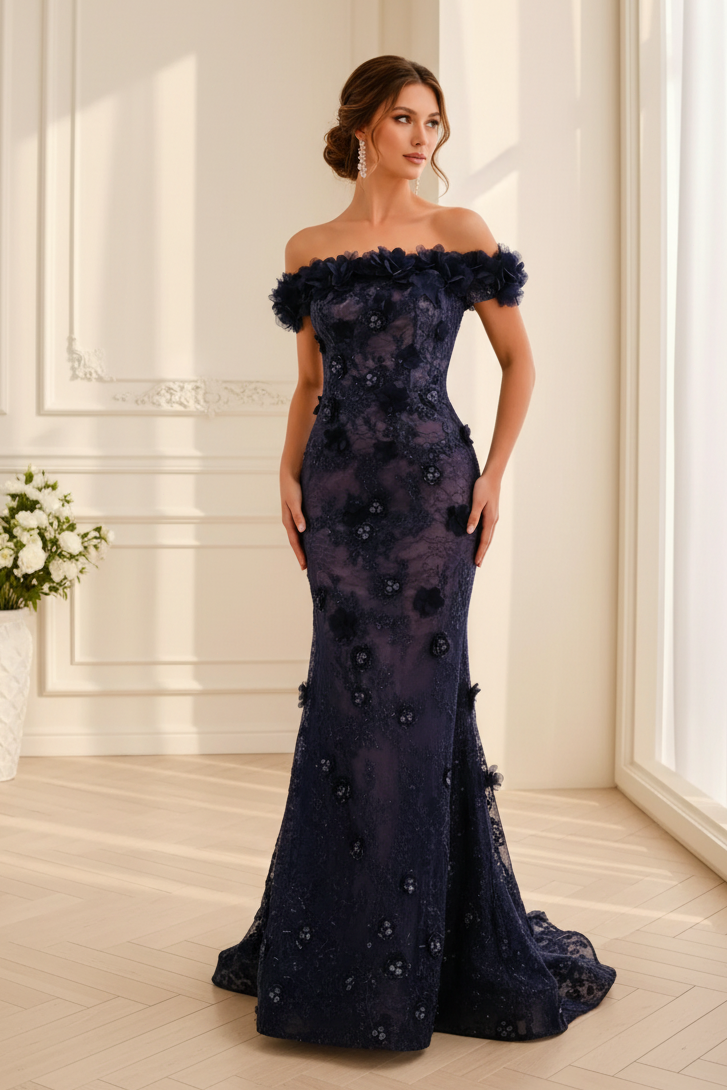 Off-Shoulder Floral Lace Mermaid Gown