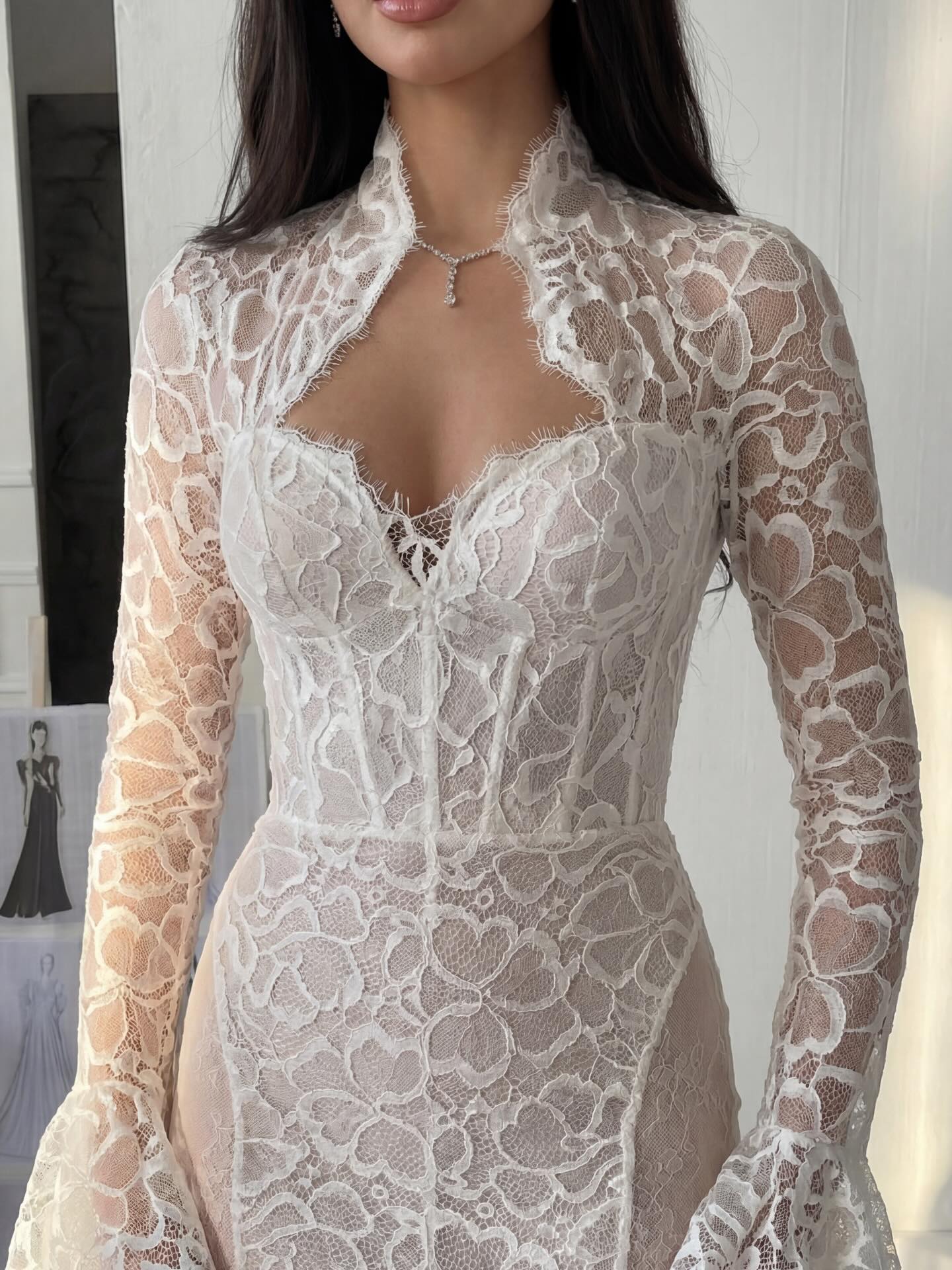 Long Bell Sleeve Lace Corset Mermaid Wedding Dress
