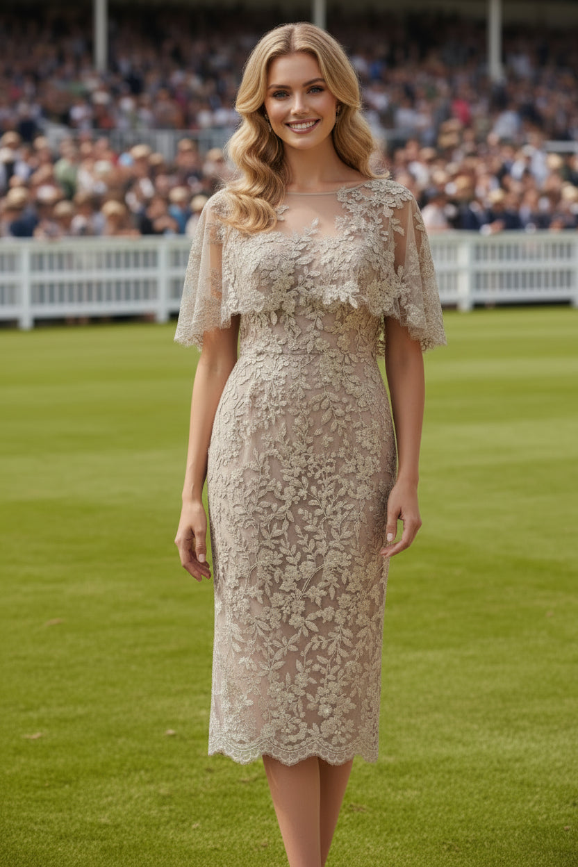 Elegant Lace Sheath Midi Dress with Cape