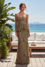 Strapless Beaded Peplum Evening Gown with Shawl