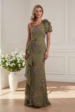 One-Shoulder Floral Beaded Chiffon Gown