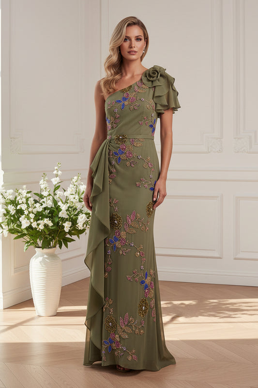 One-Shoulder Floral Beaded Chiffon Gown