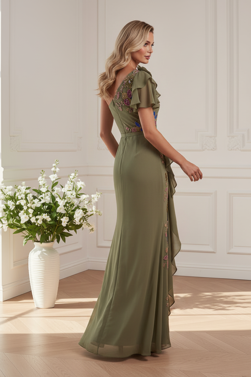 One-Shoulder Floral Beaded Chiffon Gown