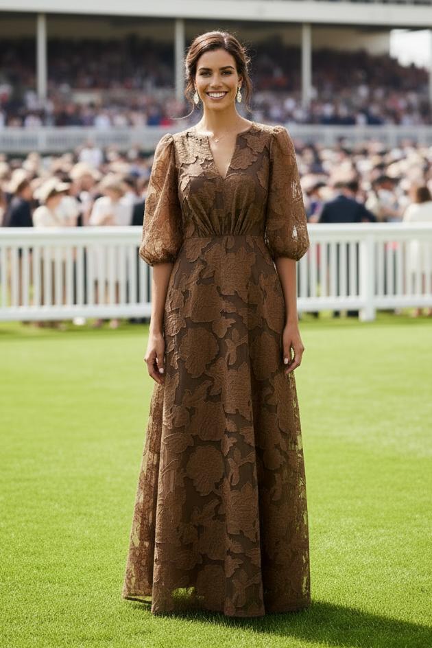 Floral Burnout Maxi Dress with 3/4 Puff Sleeves