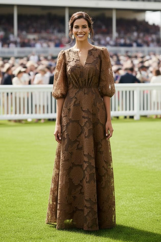 Floral Burnout Maxi Dress with 3/4 Puff Sleeves