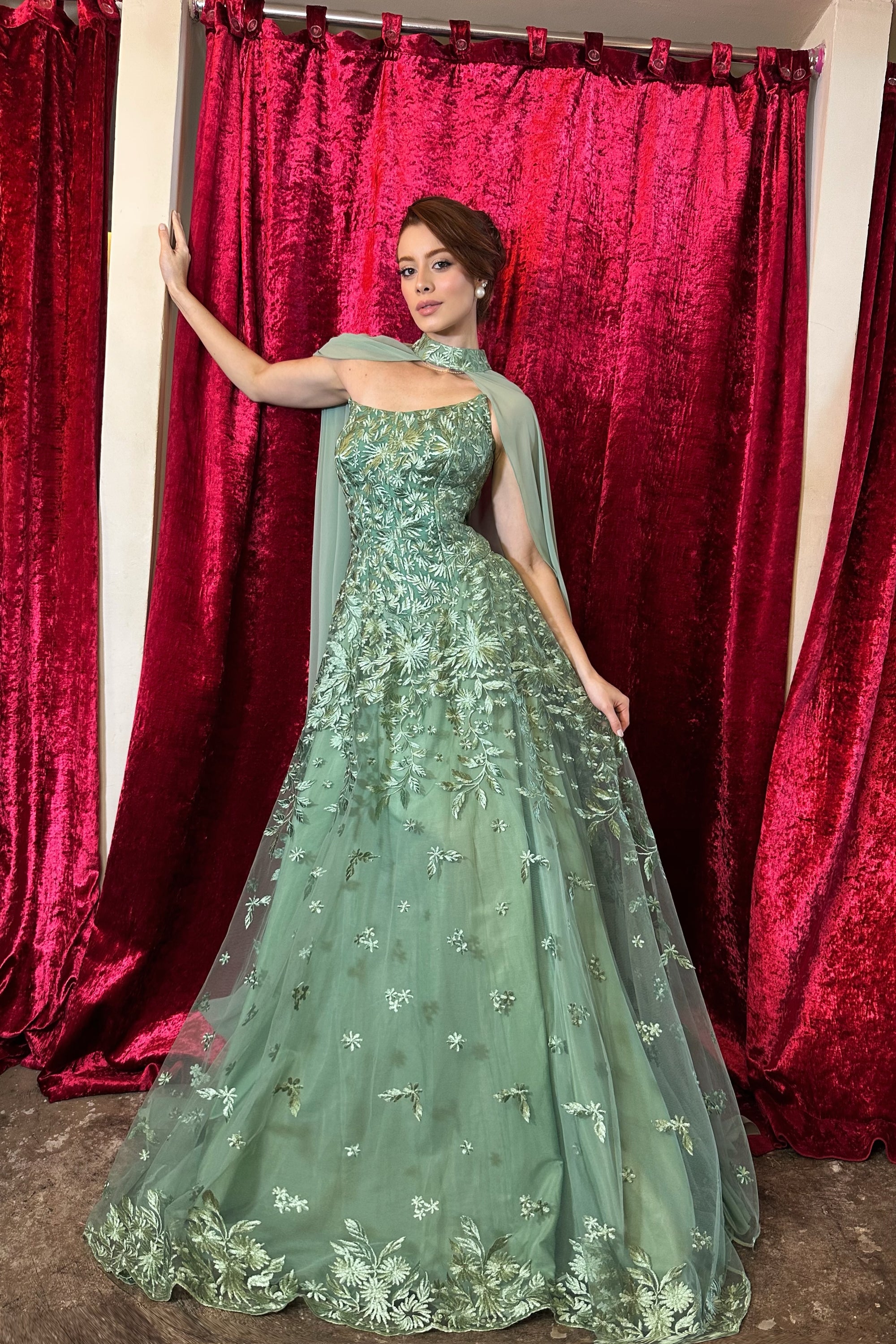 Embroidered Tulle A-Line Gown with Cape