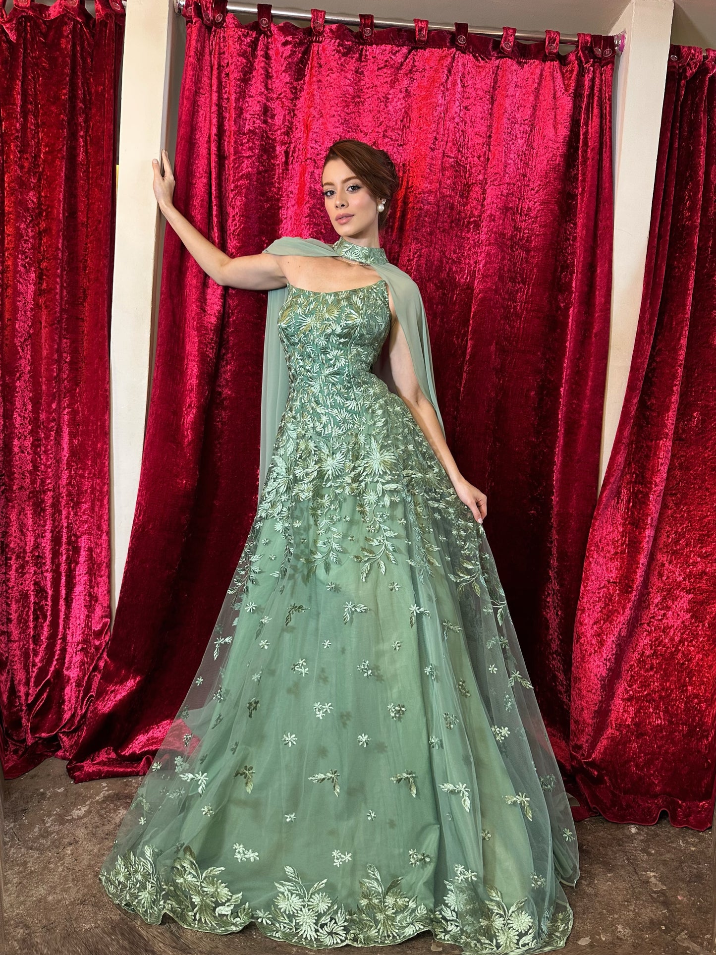 Embroidered Tulle A-Line Gown with Cape