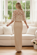 Floor-Length Evening Dress with 3D Flower Capelet