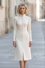 High Neck Button Front Midi A-Line Coat Dress