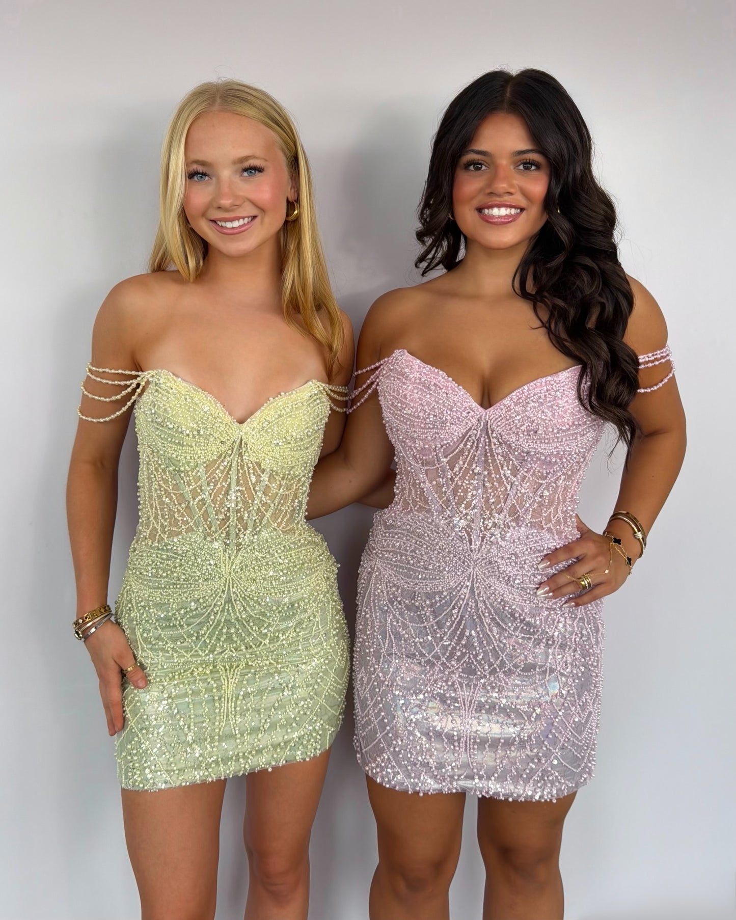 Beaded Pearl Corset Mini Dress with Draped Sleeves