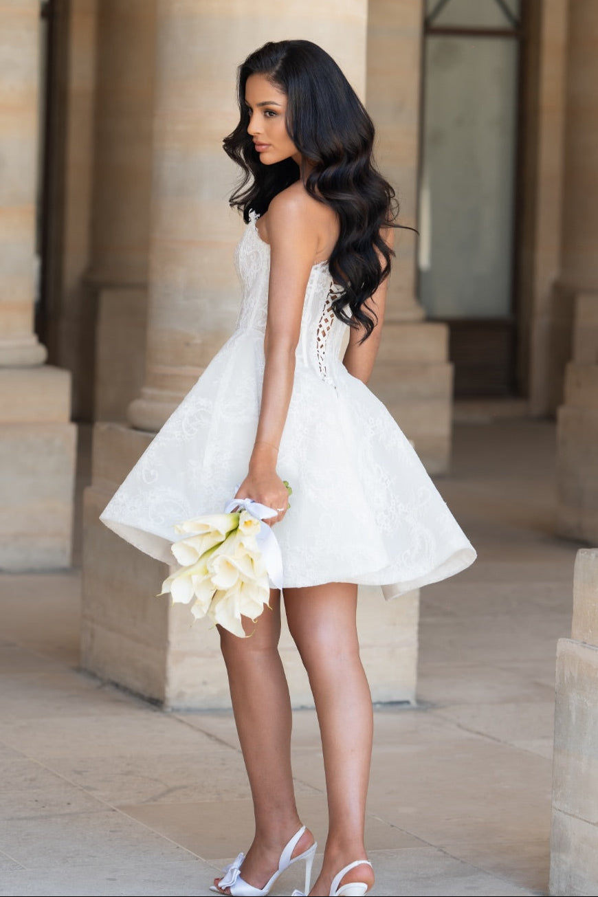 Strapless Lace Fit & Flare Mini Wedding Dress