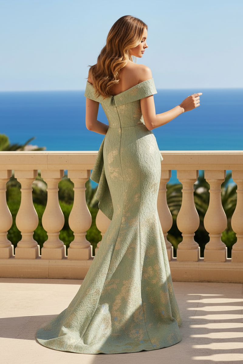 Off-the-Shoulder Jacquard Mermaid Evening Gown