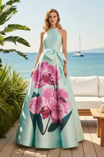 Floral Print Halter Ball Gown with Waist Bow