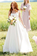 Square Neck Satin A-Line Wedding Dress with Back Bow