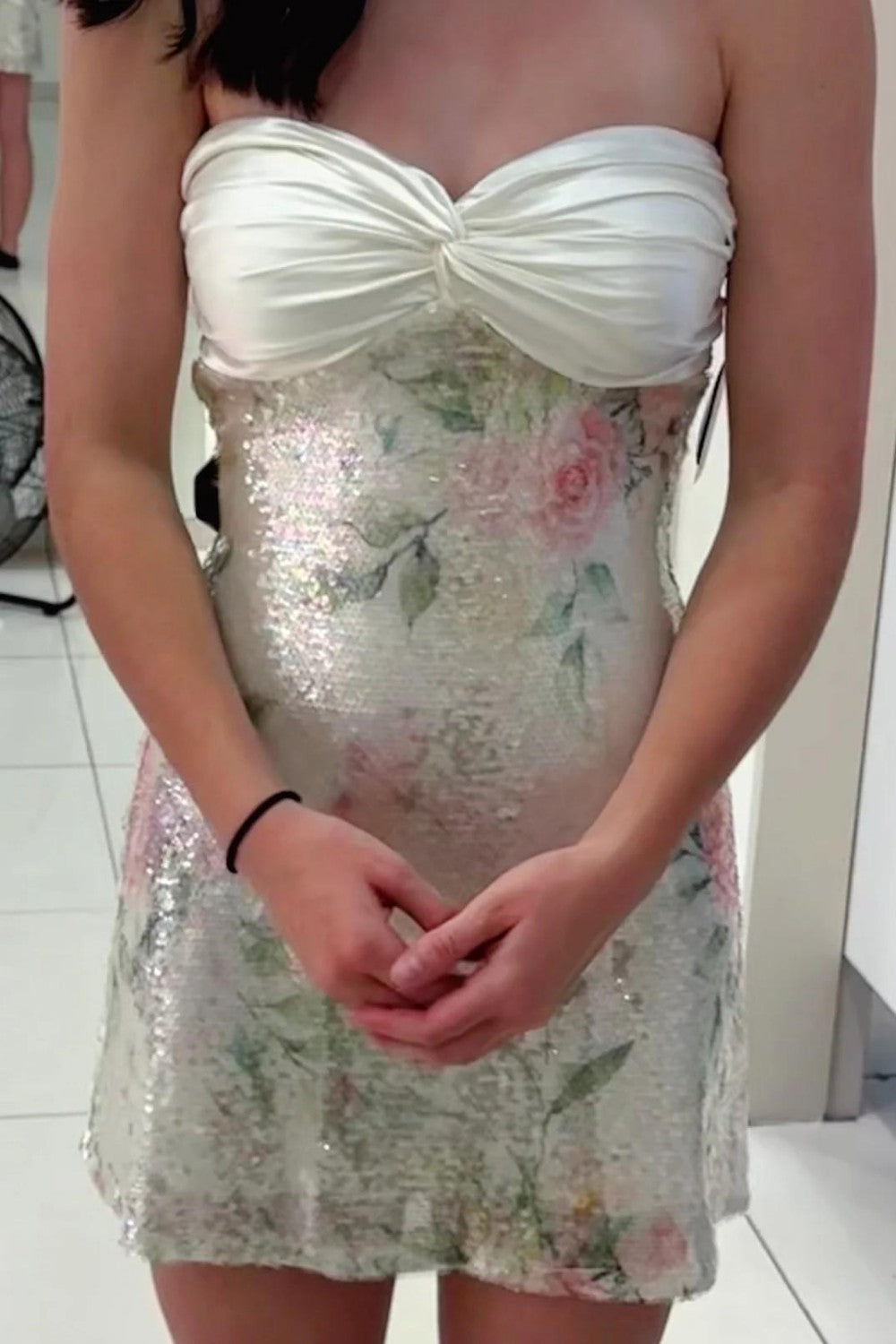 Strapless Floral Sequin Mini Dress with Bow Back