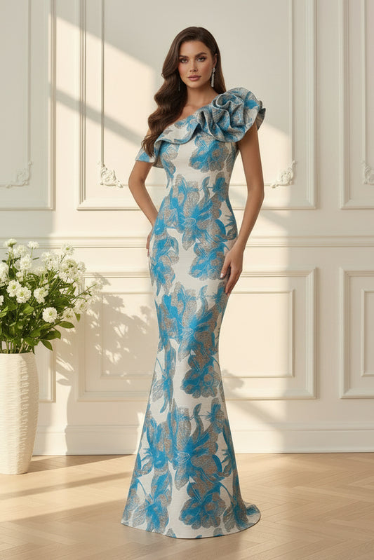 One-Shoulder Floral Jacquard Mermaid Evening Gown