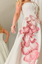 Strapless Floral Applique Ball Gown with Pockets