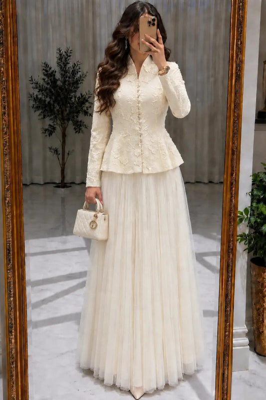 Peplum Lace Jacket & Tulle Maxi Skirt Two-Piece Set