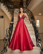 Plunging Deep V-Neck Beaded Satin A-Line Evening Gown