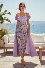 Off-Shoulder Floral Embroidered Tea-Length Dress with Cape
