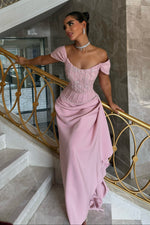 Off-the-Shoulder Corset Gown with Beaded Bodice