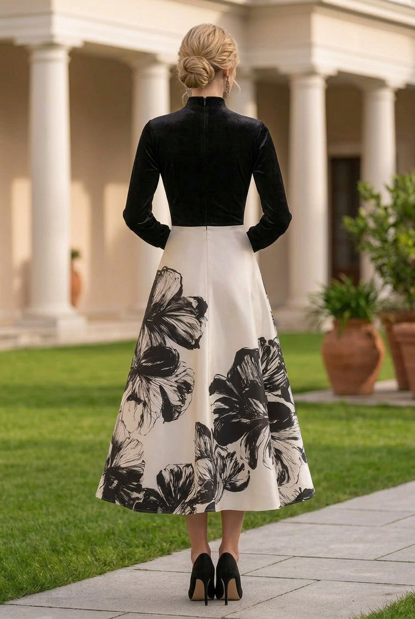 Pleated Velvet Bodice Floral Midi A-Line Dress