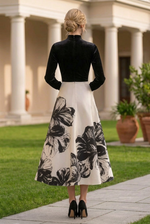 Pleated Velvet Bodice Floral Midi A-Line Dress