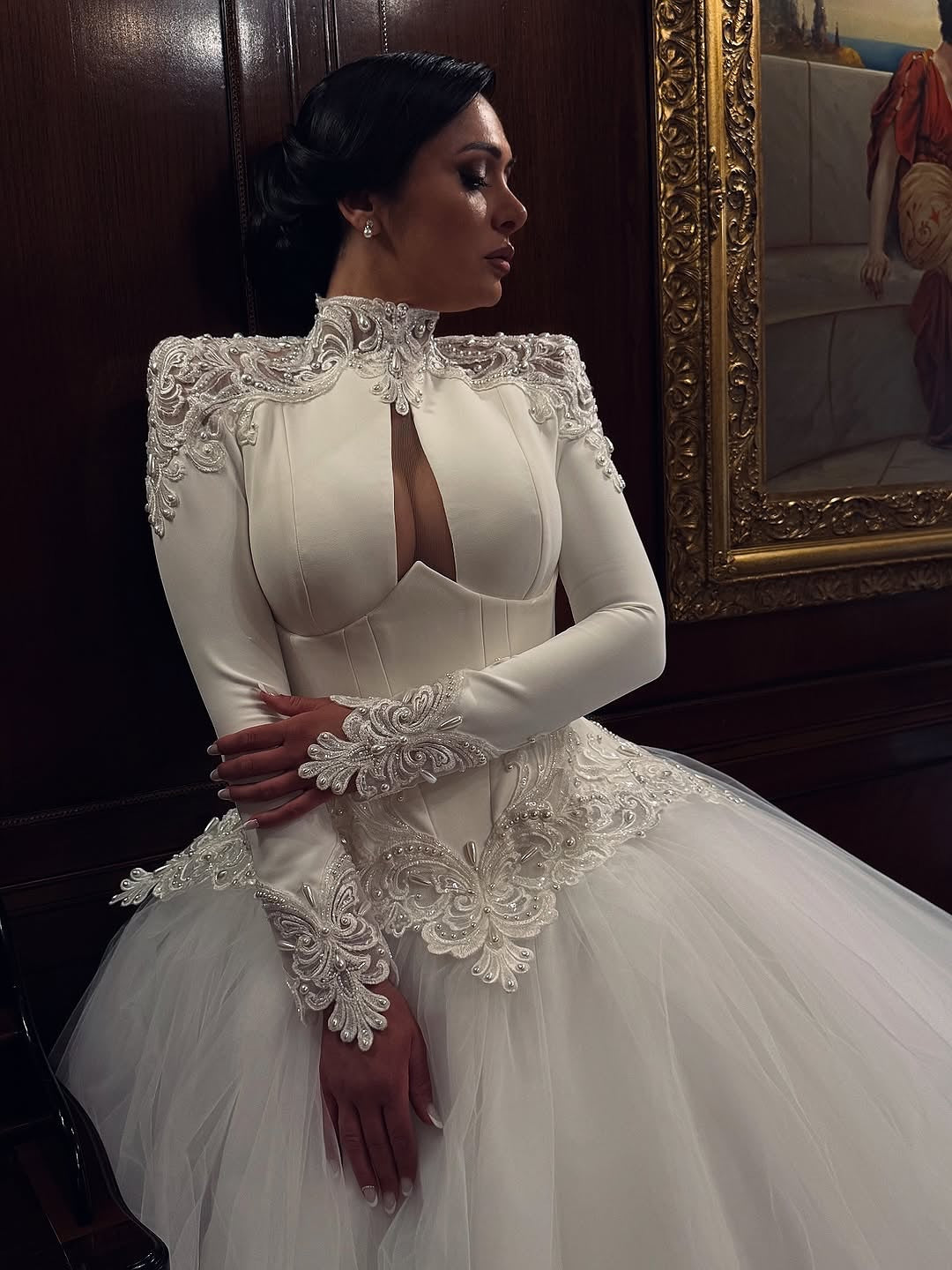 High Neck Lace Long Sleeve Ball Gown Wedding Dress