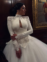 High Neck Lace Long Sleeve Ball Gown Wedding Dress