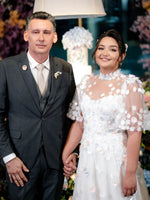 Illusion High Neck Flutter Sleeve A-Line Bridal Gown