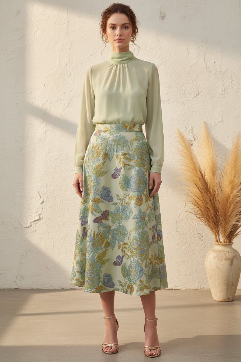 High-Neck Chiffon Blouse and Jacquard Midi Skirt Set