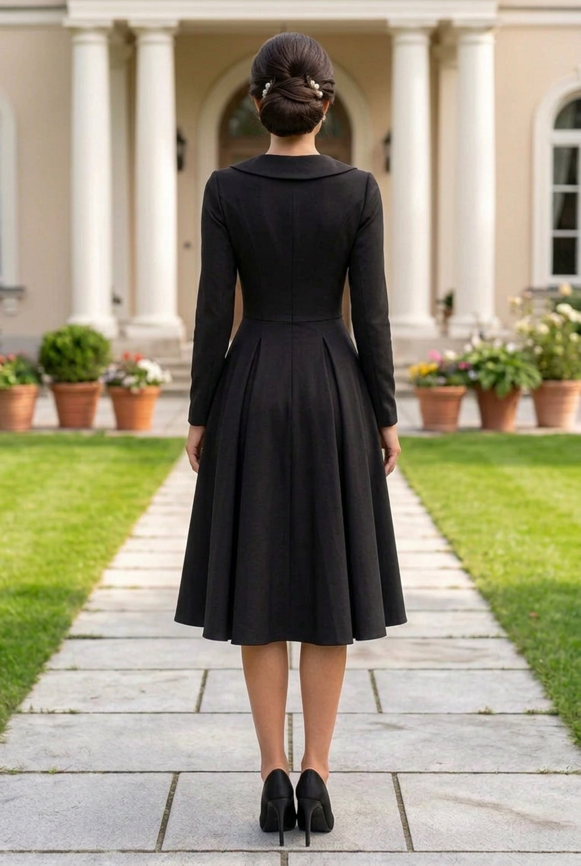 Collared Long-Sleeve Pleated Midi Dress