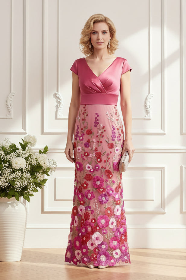 V-Neck Cap Sleeve Floral Embroidered Gown