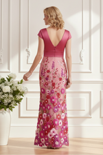 V-Neck Cap Sleeve Floral Embroidered Gown