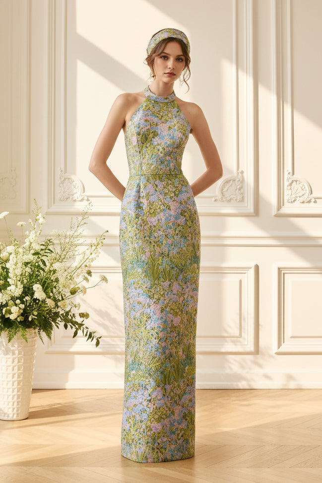 Floral Jacquard Halter Column Gown