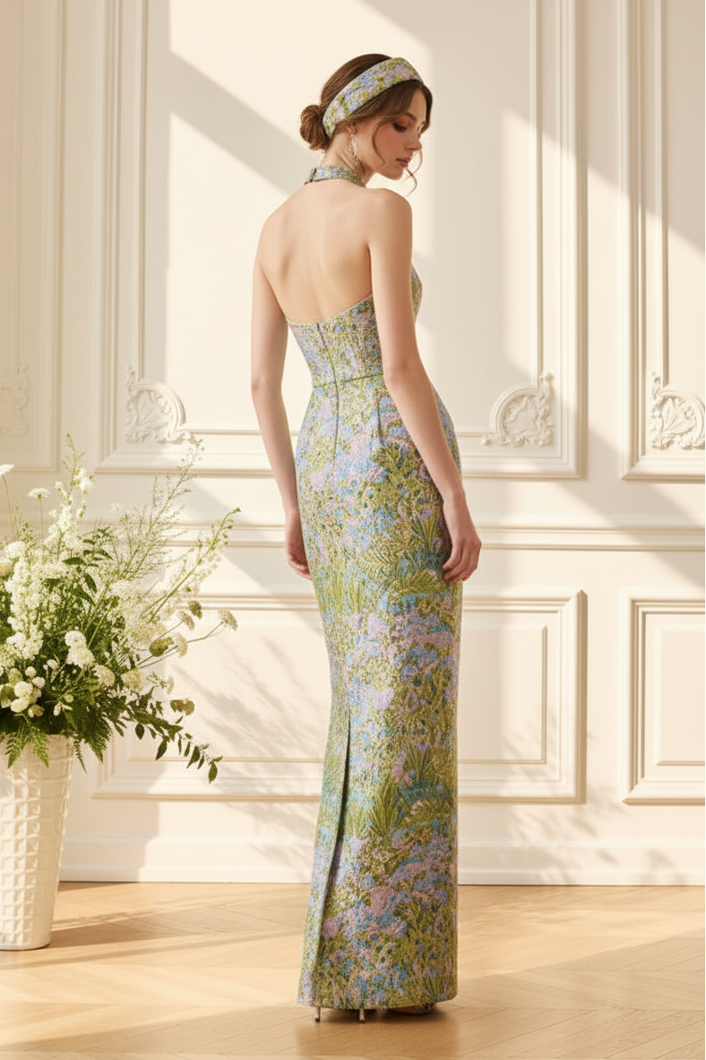 Floral Jacquard Halter Column Gown