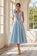 Ruffle Shoulder Satin A-Line Tea-Length Dress with Pockets