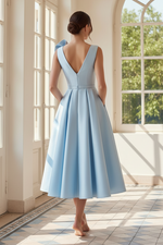 Ruffle Shoulder Satin A-Line Tea-Length Dress with Pockets