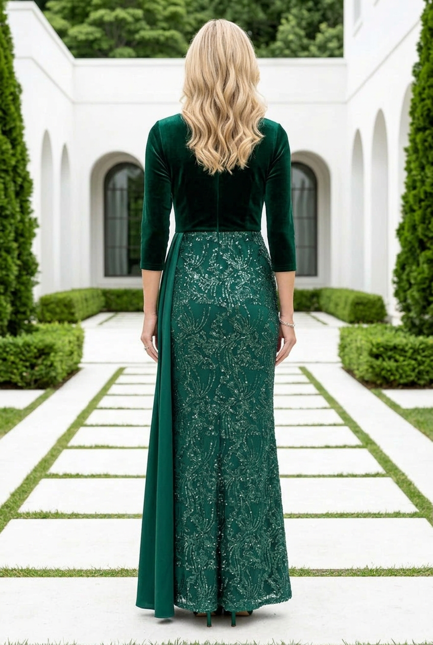Velvet & Sequin Gown with Side Drape