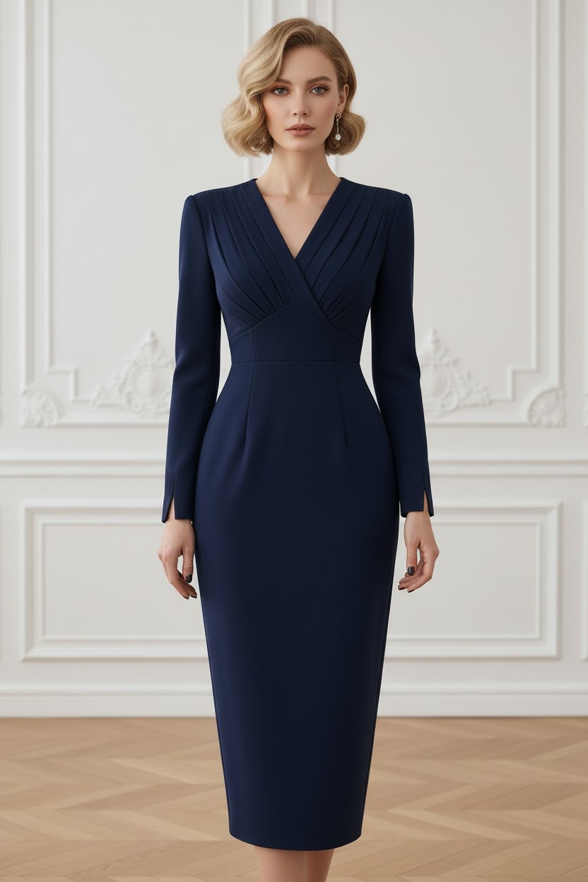 Pleated Surplice Long Sleeve Midi Sheath Dress