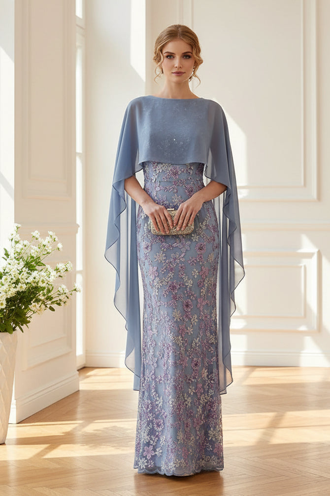 Embroidered Cape Sheath Evening Gown