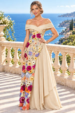 Off-Shoulder Floral Applique Draped Evening Gown