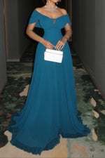 Off-the-Shoulder Pleated Chiffon Evening Gown