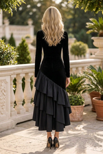 Velvet Asymmetric Tiered Ruffle High-Low Dress