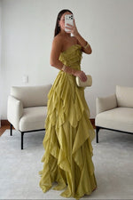 Strapless Tiered Ruffle Maxi Evening Gown
