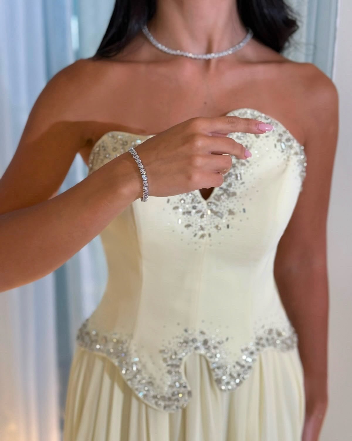 Strapless Beaded Basque Waist Chiffon Evening Gown
