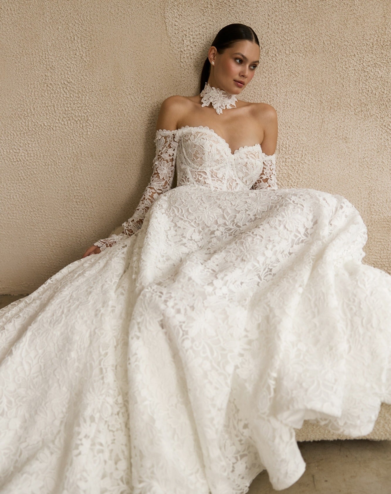 Off-the-Shoulder Lace A-Line Wedding Dress with Corset