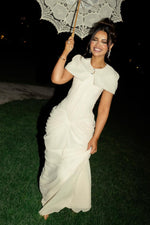Elegant Ruched Corset Evening Gown with Cape