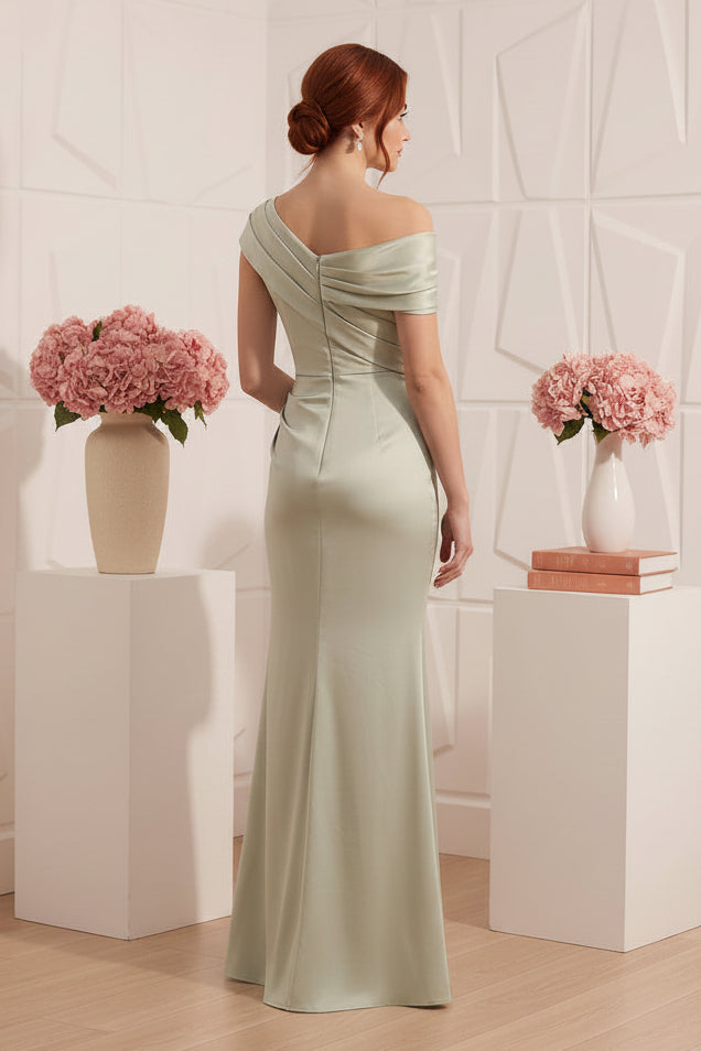 One Shoulder Pleated Satin Evening Gown